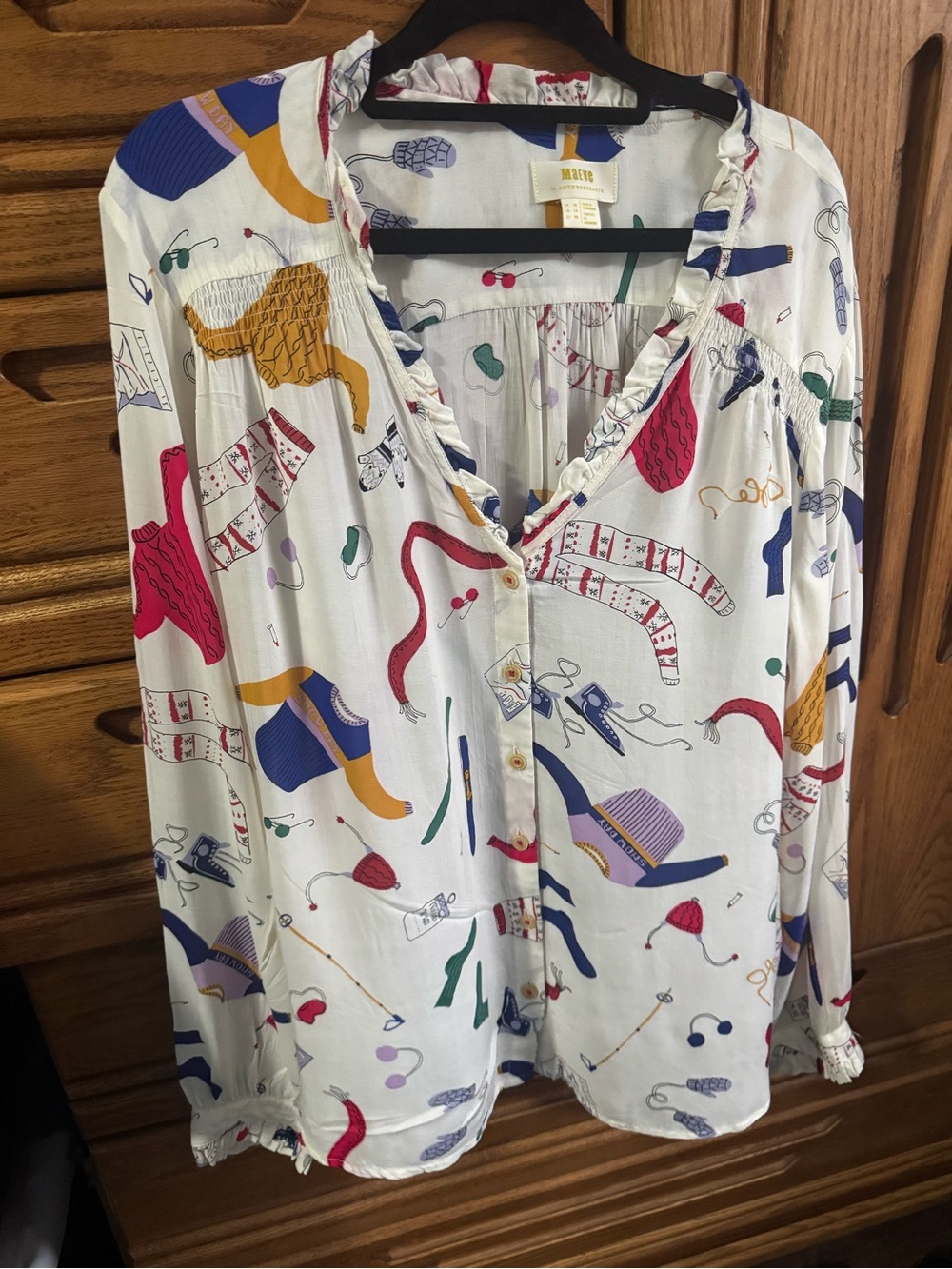 Anthropologie Maeve marisol novelty White Button-Front Blouse Multi-Color 14